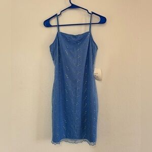 Y2K Vanity Steppin Out Blue Floral Silver Accents Slip Dress Sz‎ M NWT